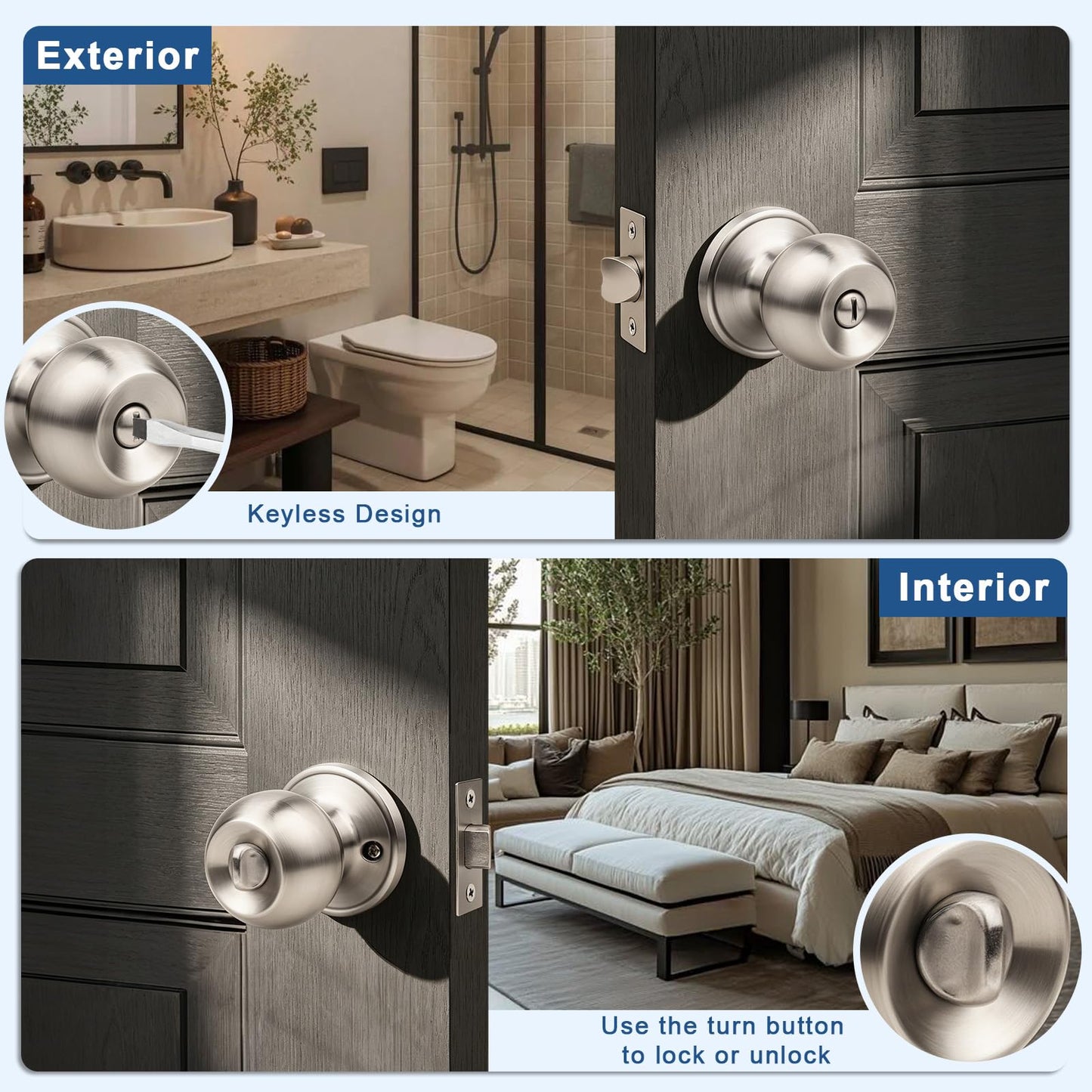 Knobonly 2 Pack Privacy Door Knobs Satin Nickel, Keyless Door Knobs Interior for Bedroom and Bathroom, Round Door Handles Stainless Steel, Classic Design