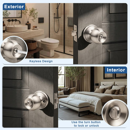 Knobonly 2 Pack Privacy Door Knobs Satin Nickel, Keyless Door Knobs Interior for Bedroom and Bathroom, Round Door Handles Stainless Steel, Classic Design