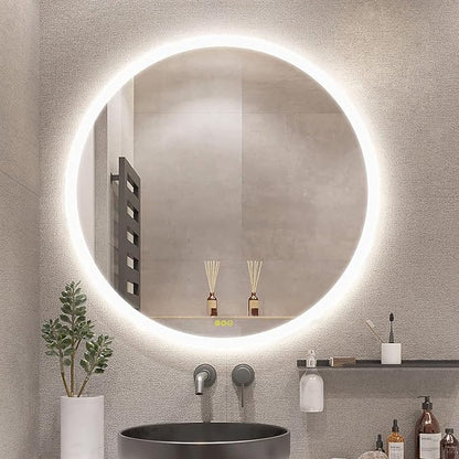 OKISS Wall-Mounted LED Round Bathroom Mirror, Makeup Mirror (28 inches x 28 inches,) 3 Color Stepless Dimmable Memory Bathroom Vanity Mirror with Lights CRI90+ 3000-6400K Smart Mirror with Touch