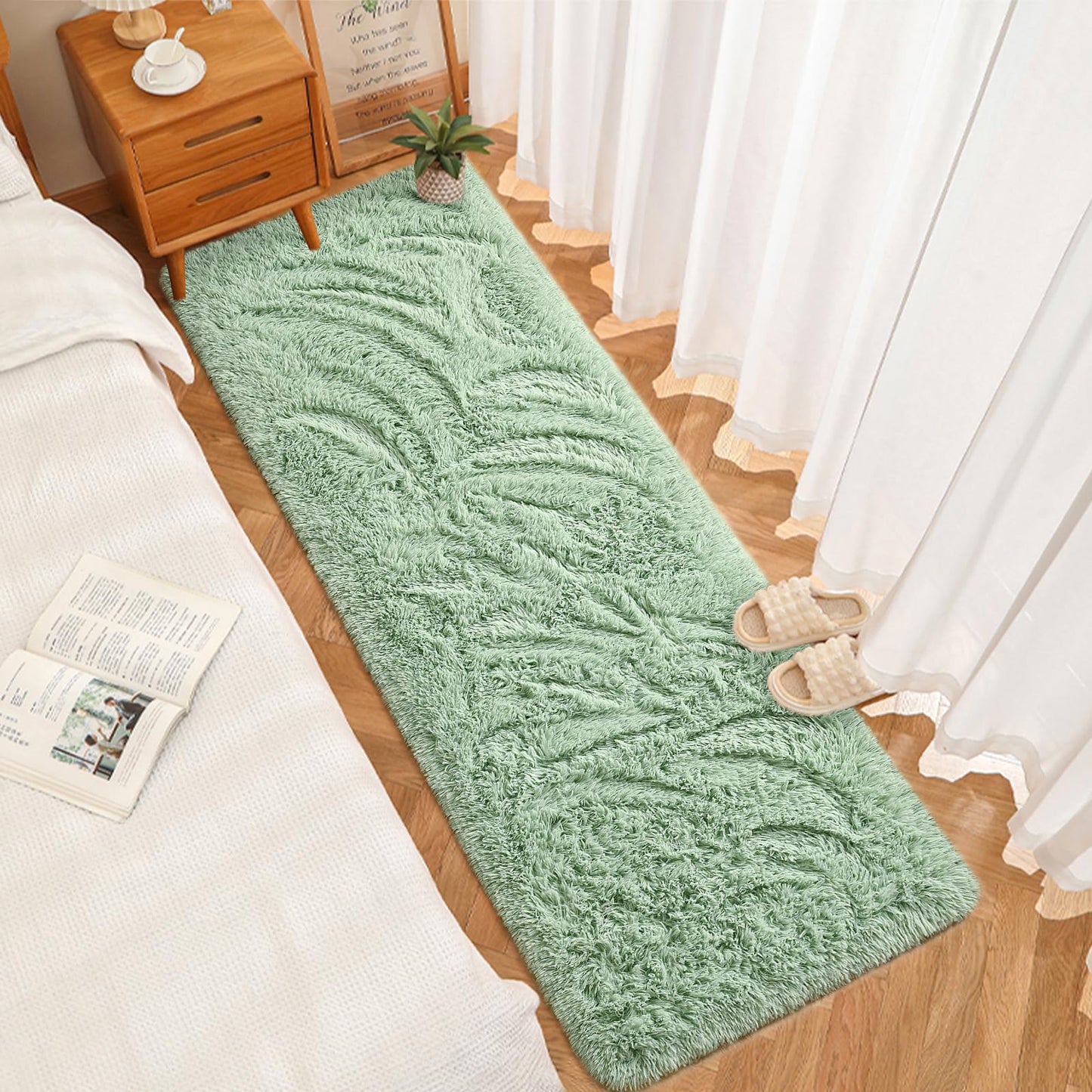 DweIke Fluffy Sage Green Runner Rugs for Bedroom, 2x6 Feet Soft Plush Long Runners for Girls Boys Kids, Non-Slip and Machine Washable Bedside Rug, Small Throw Carpet for Hallway Rooms Decor