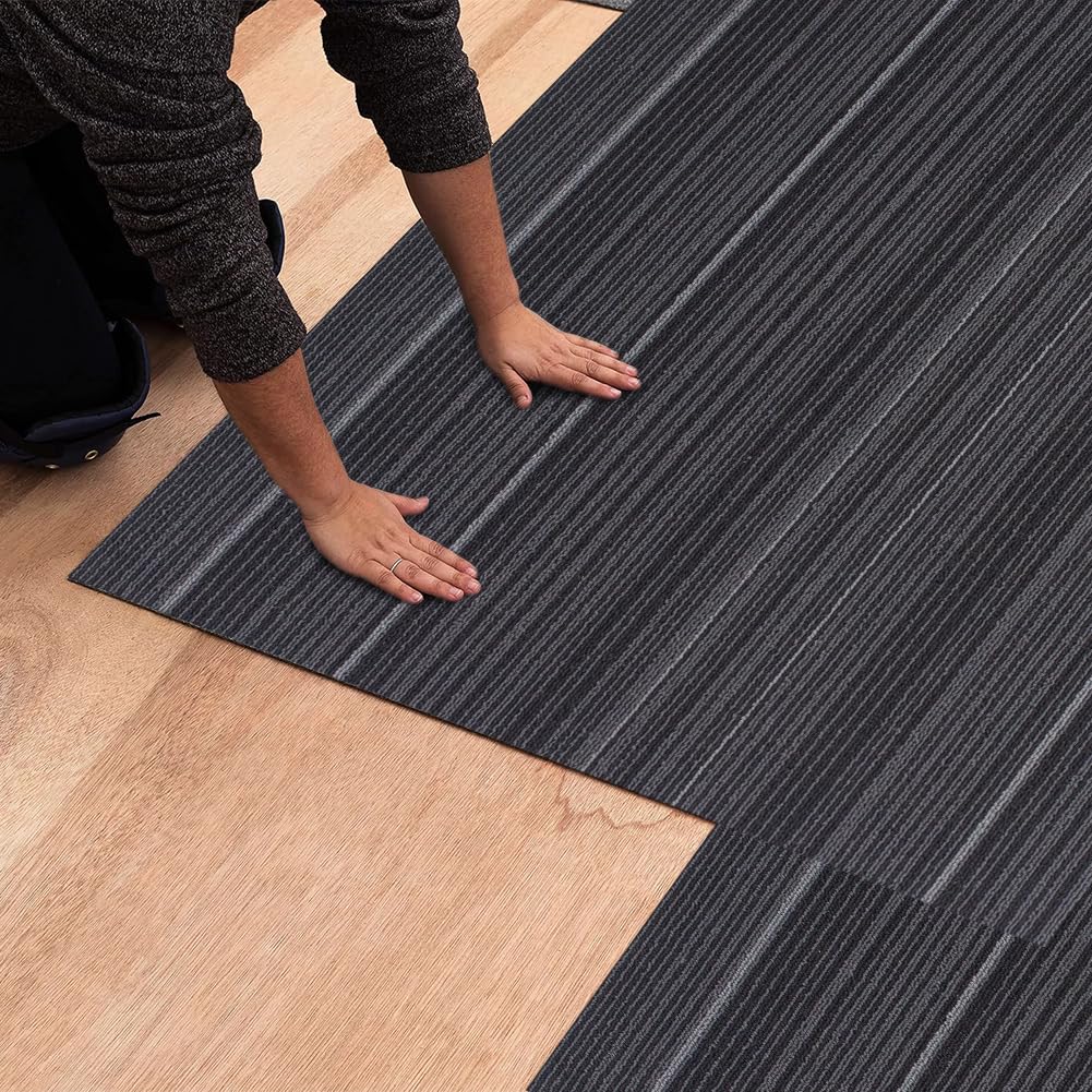 Boshuele 24 inch x 24 inch Carpet Tiles upholstered Non-Slip Carpet Squares Reusable Easy to Install Indoor and Outdoor Office Home Decor Flooring (Black, 18 PCS)