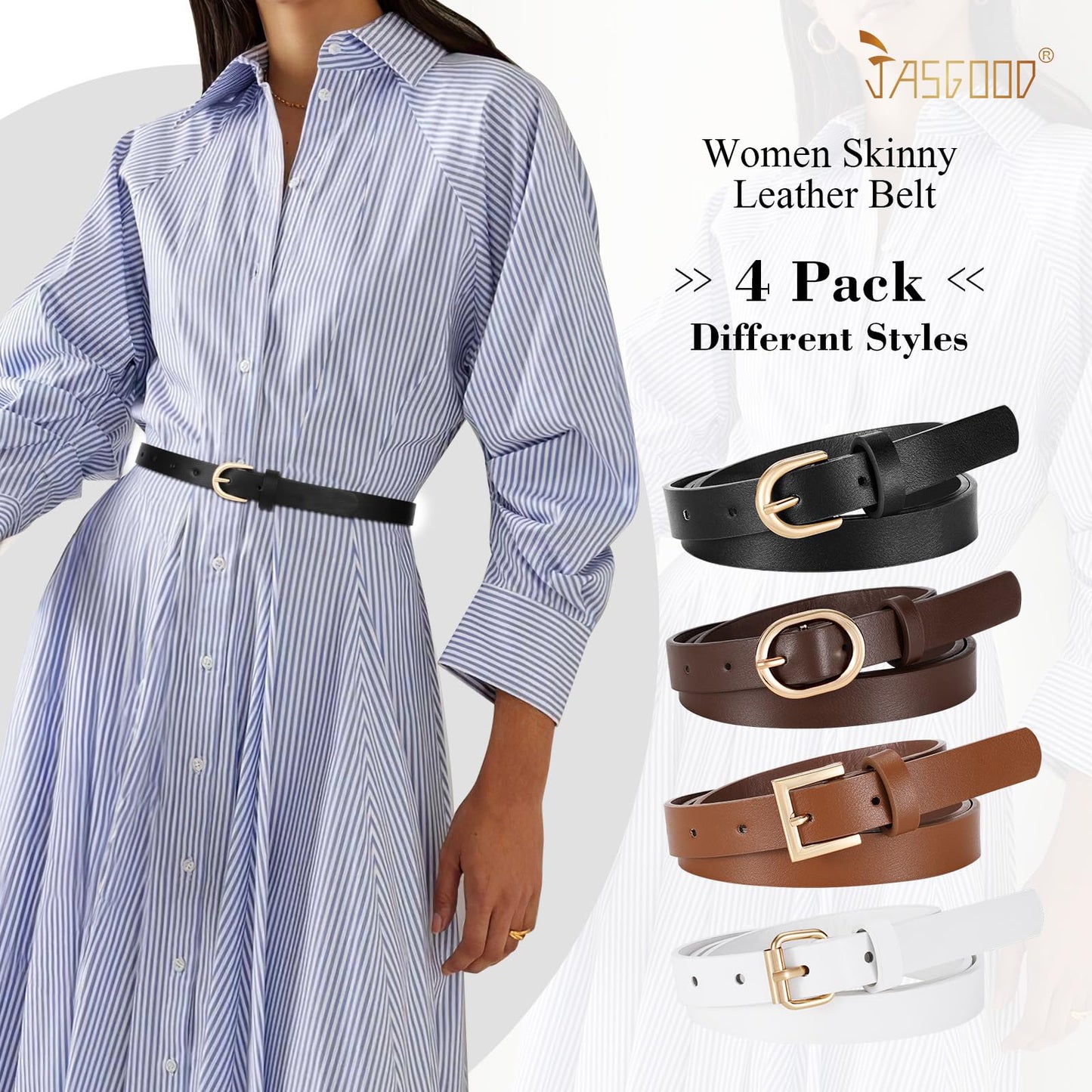 JASGOOD 4 Pack Women Skinny Leather Belt for Dresses with Gold Buckle Ladies Thin Waist Belt for Jeans Pants，Black+Brown+White+Coffee