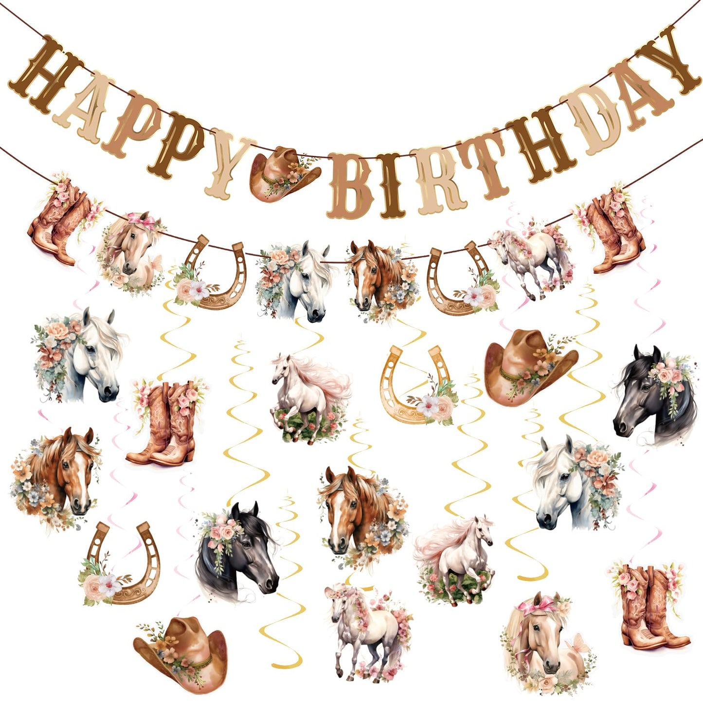OBBOLO Horse Birthday Decorations for Girls, Brown and Pink Horse Cowgirl Party Decorations with Cowgirl Hanging Swirls, Happy Birthday Banners, Western Party for Women