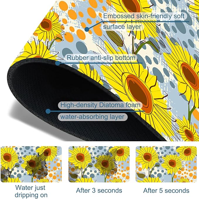 Watercolor Sunflowers Sink Faucet Absorbing Mat Sunflowers Polka Dots Super
