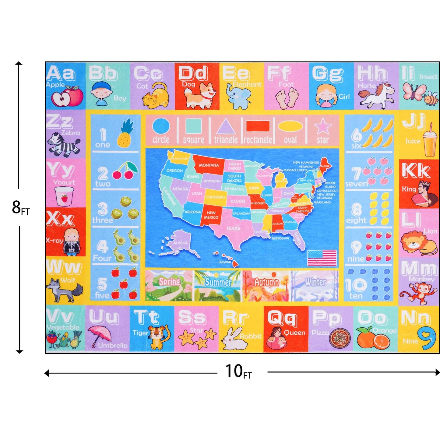 OHDS Kids Rugs for Playroom - Soft & Non-Slip 8x10 Feet Educational Rug for Learning ABC Alphabet, Numbers, Shapes & Map, Washable Classroom Rug for Toddler Nursery & Kids Room Decor