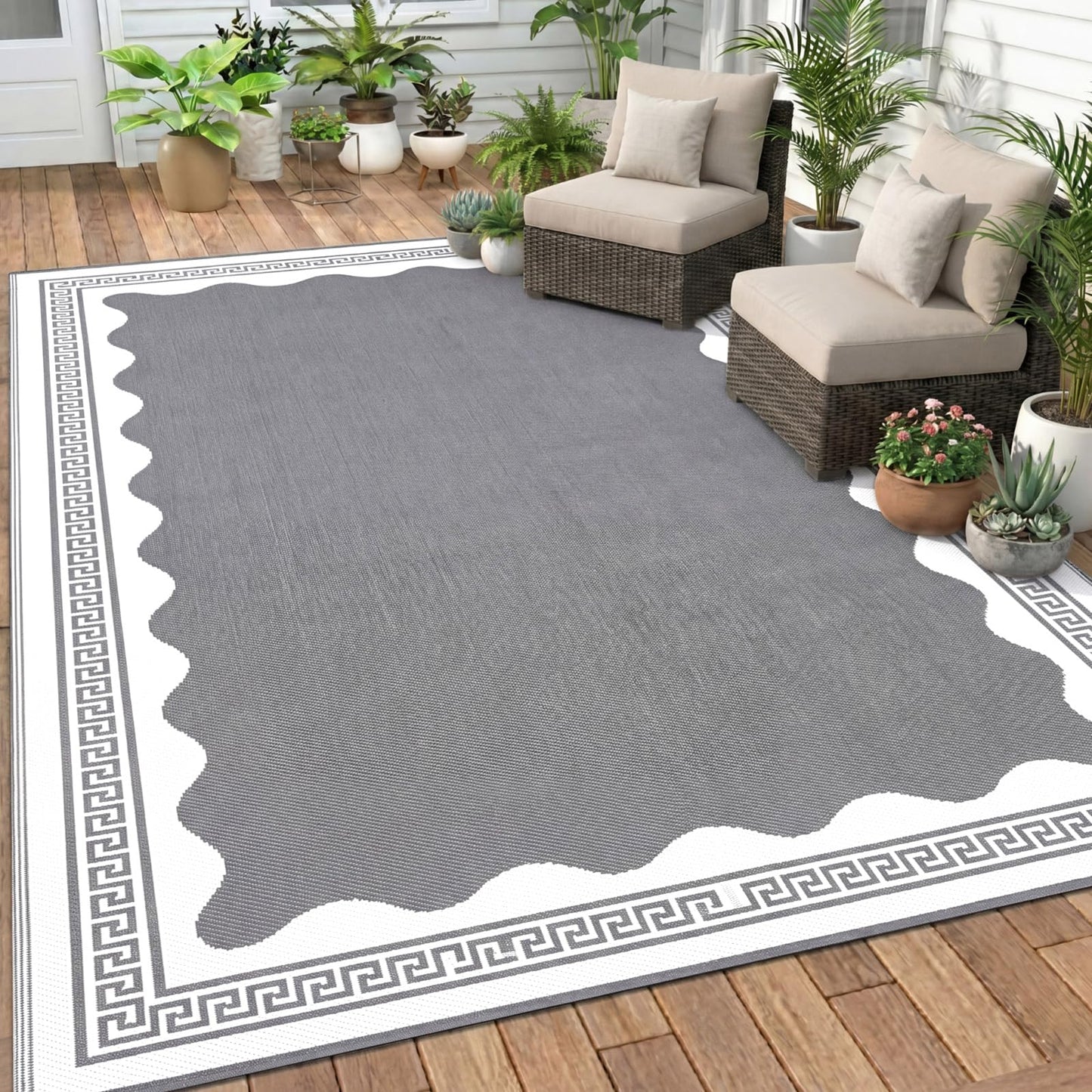 Dunzy Scalloped Outdoor Patio Rug, 6 x 9 ft Non-Slip Reversible Plastic Straw Pool Rug Indoor Outdoor Area Mat for Outside Rv Camping Deck Pool Beach Porch Backyard (Grey, White)