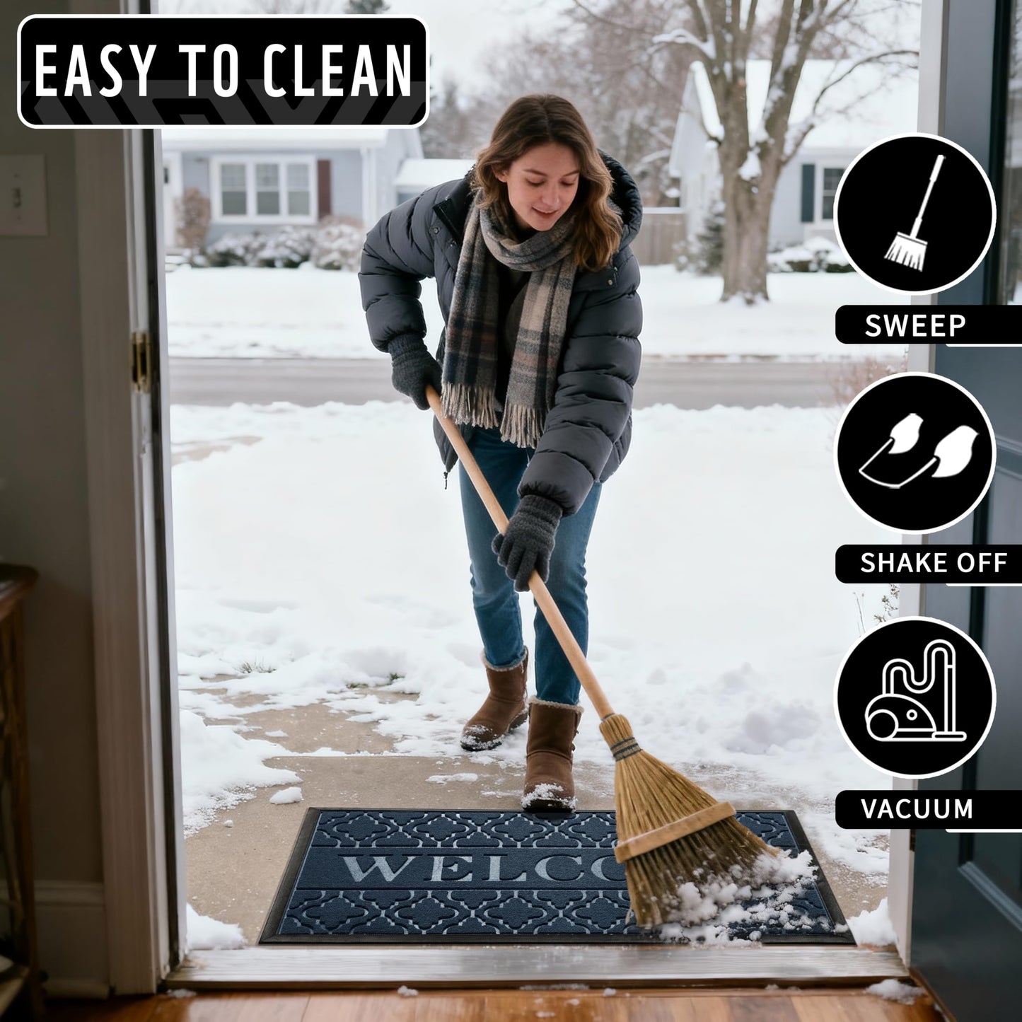 Yimobra Welcome Matt Outdoor Indoor 29.5x17, All-Weather Waterproof Front Door Mat, Non-Slip Low Profile Porch Patio Entrance Doormat, Blue