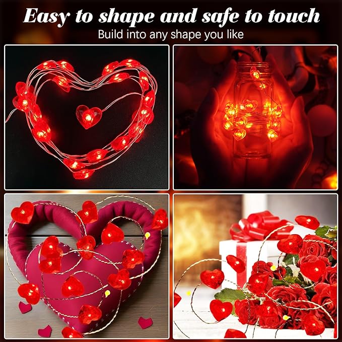 pozzolanas LED Heart Fairy Lights Battery Operated, 50 LED 17FT Copper Wire Mini String Lights Waterproof Starry Lights for Bedroom,Halloween,Christmas,Parties Wedding Decoration (Red, 1 Pack)