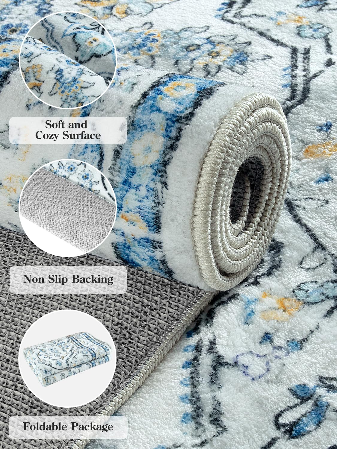 Lahome Oriental Washable Runner Rugs,2.5x8 Long Blue Bathroom Rugs Runner Non-Slip,Kitchen Runner Rugs Non Skid Washable,Traditional Low-Pile Wide Carpet Runner for Entryway Hallway Helena,8ft
