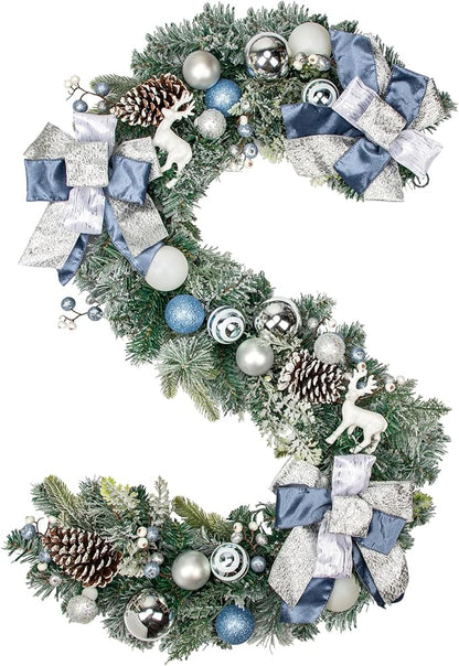 Christmas Garland for Front Door, 6 Foot Artificial Unlit Winter Garland with Pine Cones, Berry Clusters, Blue Ball Ornaments and Ribbons for Thanksgiving Holiday Christmas Decoration