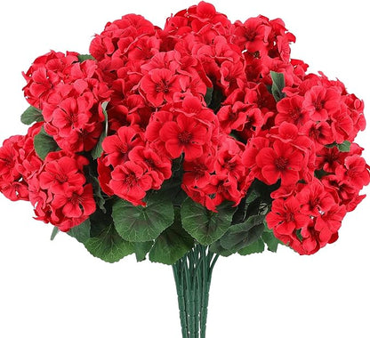 Hananona 2 Set Artificial Red Geraniums Flowers for Outdoors with Hanging Baskets, 2 Hanging Planters with 12 Pcs Red Geranium Flowers for Christmas Front Porch Garden Patio Home Decor (2, Red)