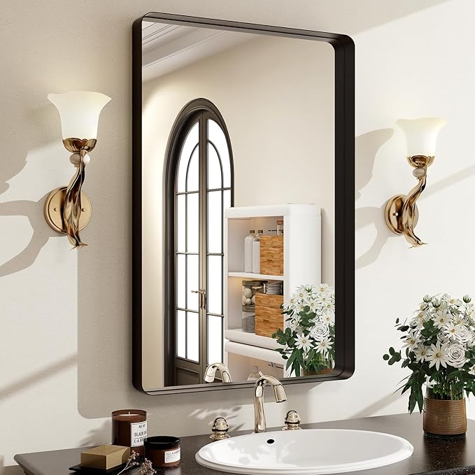 30"x22" Black Bathroom Mirror - Modern Mirror for Wall with Rounded Corners，Bathroom Mirrors for Vanity, Aluminum Alloy Framed Mirror Portrait or Landscape Hang, Rectangle Mirrors for Bedroom