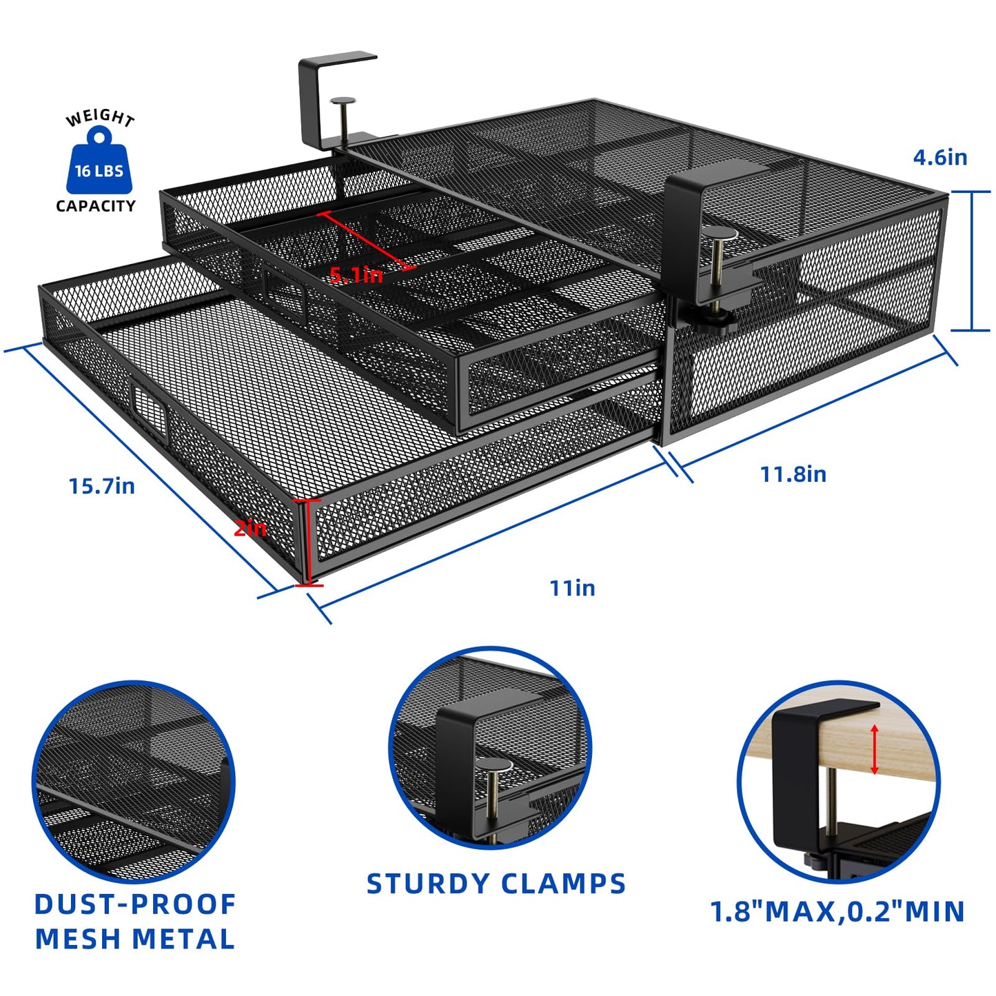 Under Desk Drawer Organizer No Drilling 2 Slide Out Drawer Under Table Storage Drawer Clamp On Under Desk Management Drawer Organizer Suitable for Home and Office
