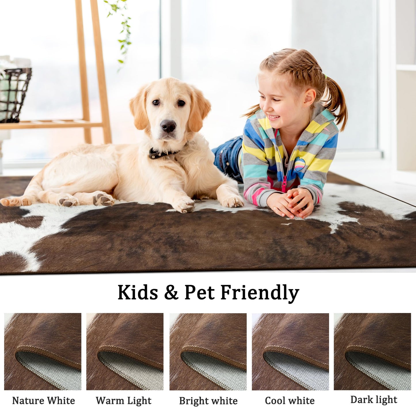Foxmas Cow Print Rugs for Living Room Bedroom, 5x7 Washable Non-Slip Low Pile Indoor Floor Rug, Carpet for Dining Room Kitchen Office Western Home Decor, Brown