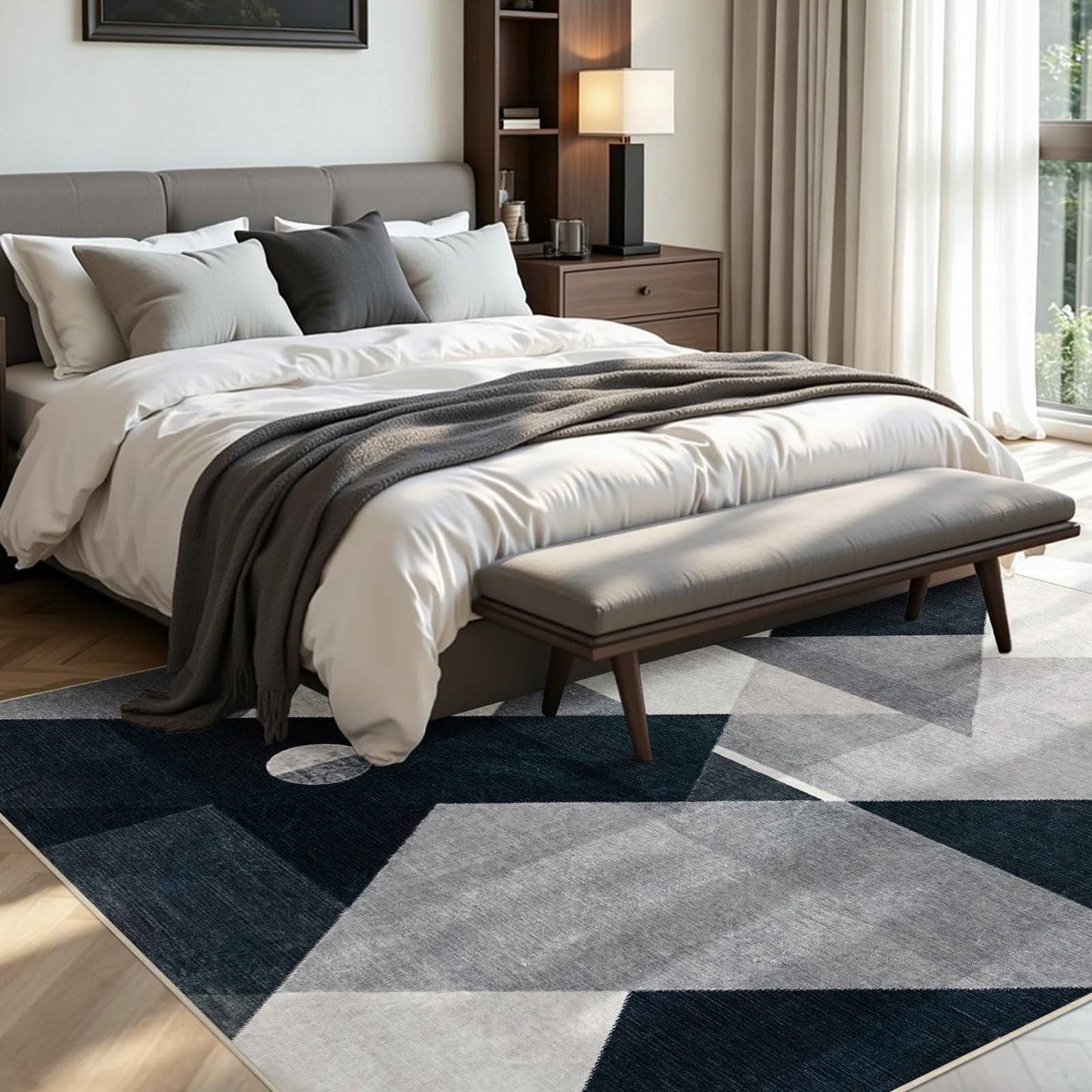 Joydeco 6x9 Washable Modern Rug for Living Room, Non-Slip Geometric Area Rug Low Pile Soft Carpet for Bedroom, Dining Room, Home Office, Pet & Child Friendly, White&Gray&Dark Gray