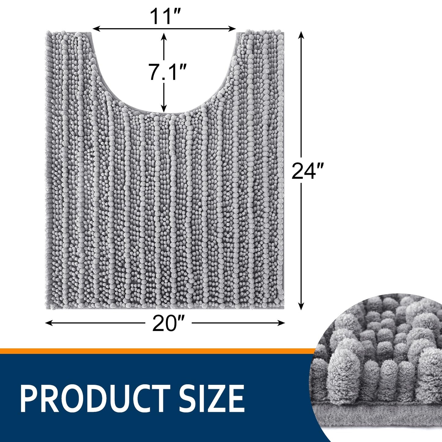 Smiry Bathroom Toilet Rugs U Shaped 24x20, Extra Soft Absorbent Non Slip Rubber Backing Chenille Contour Bath Rugs for Toilet, Machine Washable Contoured Bath Mats, Grey