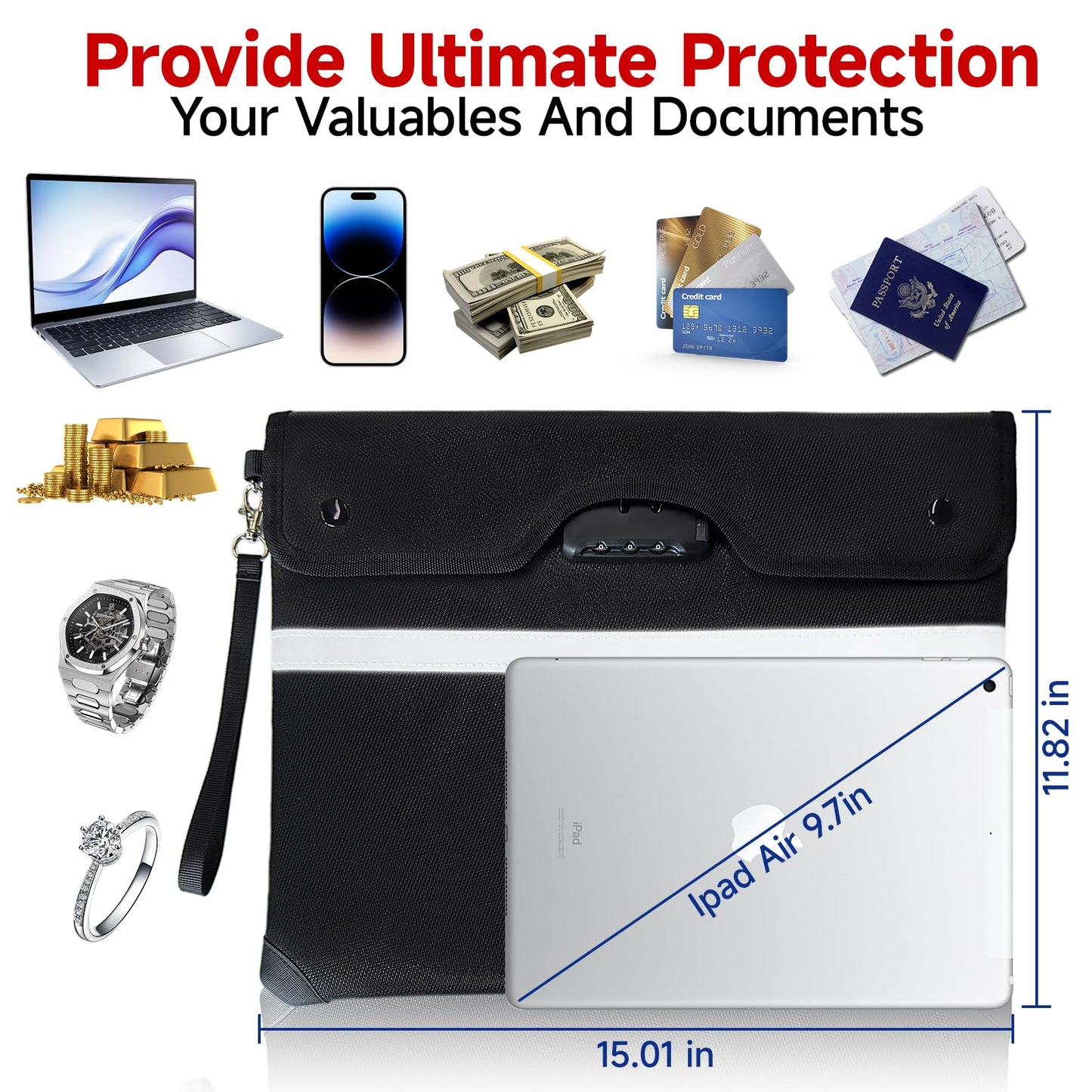 Upgraded 6500°F Fireproof Document Bag with Lock, Waterproof 9-Layer Heat Insulated | Dual-Liner Card Slot Money Bag with Zipper/Reflective Strip for Passport, Important Paper, Cash(15 x 12In)