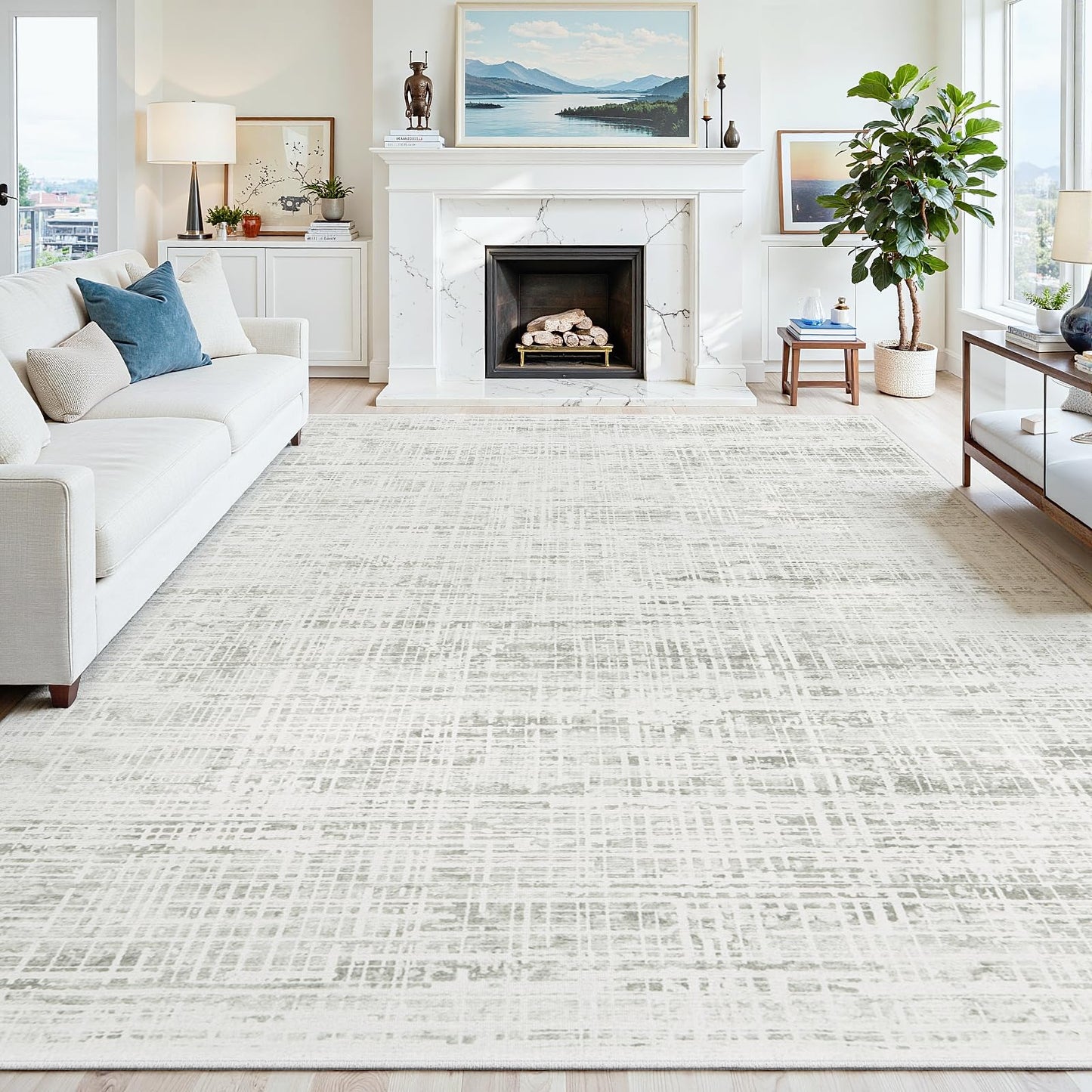 9x12 Area Rugs Washable Rug: Anti-Skid Abstract Modern Living Room Rug Soft Thin Carpets Indoor Floor Non-Shedding Carpet for Bedroom Dining Farmhouse Nursery Home Office (White Gray, 9'x12')