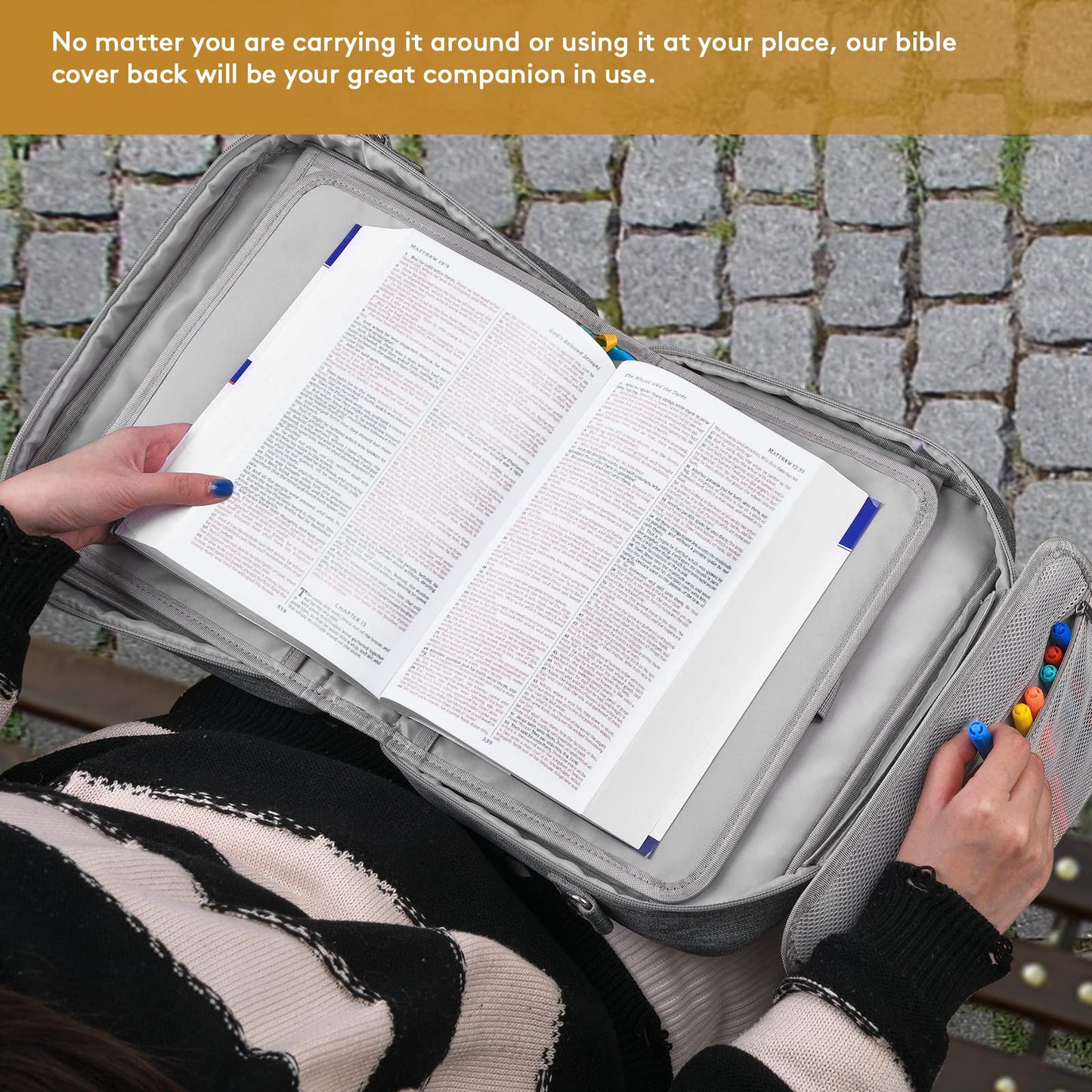Grey Bible Cover Case with Gift Box - Crossbody Bag for Large Print Bibles, Complete Study Kit & Accessories