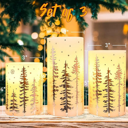 Christmas Flameless Candles, Battery Operated, Hot Stamping Silver Xmas Tree LED Flickering Candles with Remote and Timer, Holiday Decorative Pillar for Xmas, Party, Bedroom