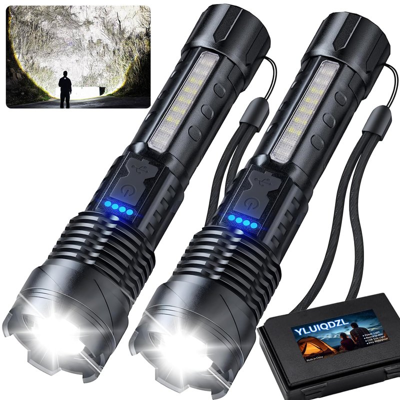 YLUIQDZL 2 Pack Rechargeable LED Flashlight,90000 High Lumens Tactical Flashlights with 7 Modes,Waterproof Zoomable Handheld Flash Light with COB Work Light for Camping,Emergencies,Home