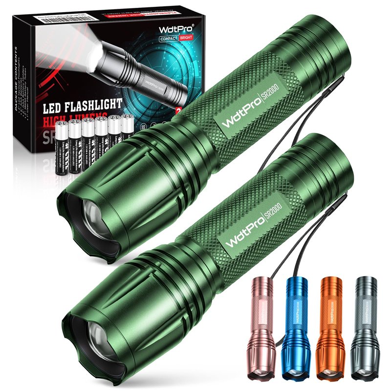 WdtPro LED Flashlight High Lumens SR2000 Pro, 2 Pack Brighter Tactical Flashlights with 5 Modes & Zoomable, Powerful Mini Flash Light for Emergency, Camping, Hiking (Green)