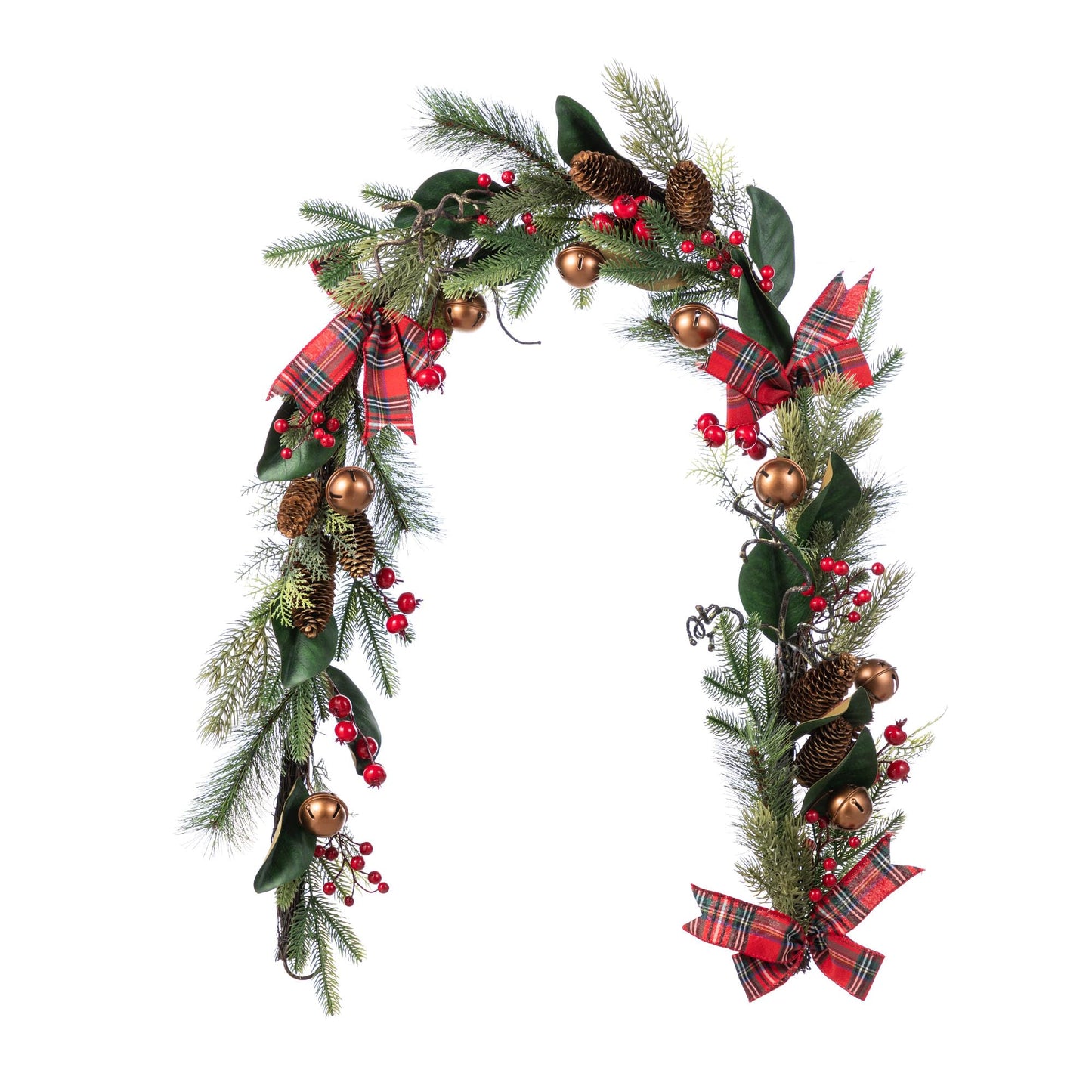 Glitzhome 6FT Christmas Garland with Bells, Pinecones, Berries and Bow Pre-Decorated Artificial Pine Greenery Decoration for Indoor, Fireplace Mantel, Staircase Banister