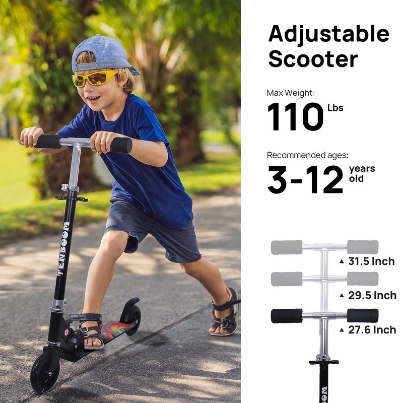 TENBOOM Scooter Toys for Kids Ages 6-12/3-5, Max Load 220 LBS, Foldable Lightweight Kick Scooter with Light Up Wheels, Kickstand, 3 Adjustable Levels, Rear Brake, Black