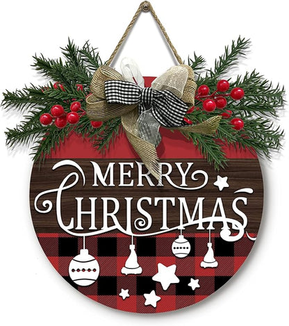 Merry Christmas Door Sign Xmas Buffalo Plaid Hanging Signs With Bow And Wreath Christmas Stars Wooden Sign for Front Door for Holiday Rustic Farmhouse Outdoor Wall Window Decor 12 Inch