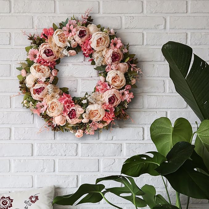 Peony Wreath 23" Floral Artificial Wreath for Front Door Wall Decor Home Décor Festival Celebration Wedding Party New Owners Seasonal Decoration Housewarming Gifts EZsenses (Light Pink)