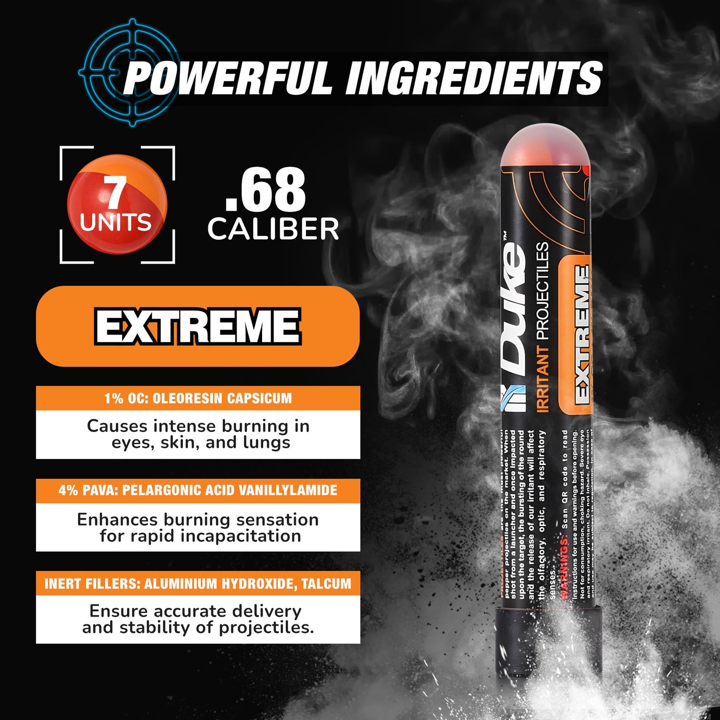 Duke 68 Cal Pepper Ball Projectiles (4% PAVA + 1% CS), 7 Count - Extreme Irritant Projectiles, Non Lethal Pepper Gun Balls for Self Defense Weapons, Professional-Grade, Weight: 3.3g