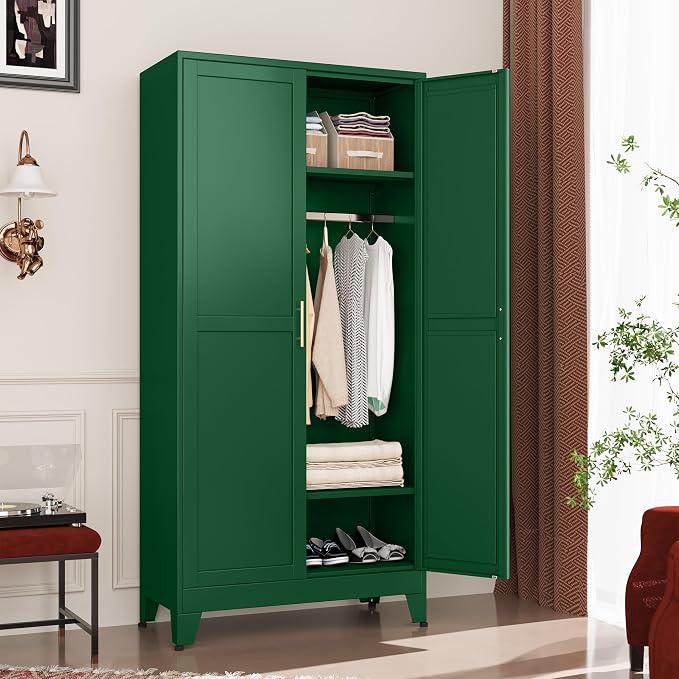 GAIOUS Metal Wardrobe Cabinet with Hanging Rod, Clothing Storage Cabinets | with 2 Doors and Adjustable Shelves, 71" Metal Green Armoire Wardrobe Closet for Bedroom, Laundry Room, Cloak Room