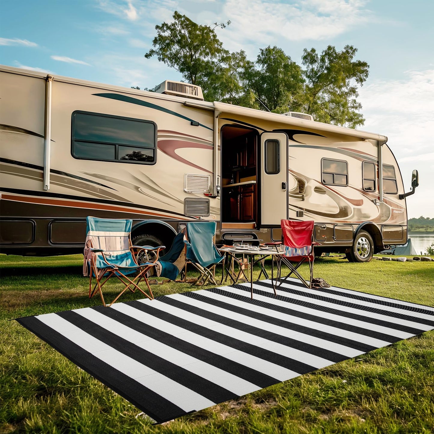 Strickland Home Outdoor Rug 6 x 9 ft, Reversible Plastic Straw Rug for Patio, Waterproof Large Outdoor Carpet for RV, Patio, Camping, Backyard, Deck, Picnic, Beach, Black & White