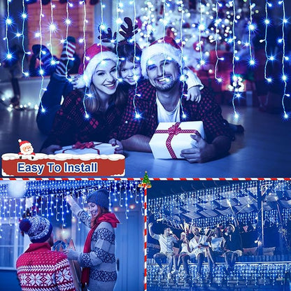 JXLEDAYY 65 FT 640 LED Christmas Lights Outdoor Decorations Clear Wire String Lights Plug in 120 Drops 8 Modes Memory Timer Connectable Curtain Fairy Lights Waterproof for Holiday Wedding Party-Blue