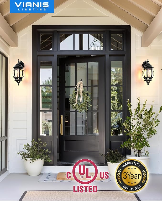 VIANIS Outdoor Porch Light Dusk to Dawn, Black Exterior Lighting Fixtures Wall Mount for House, Modern Outdoor Wall Sconce Lantern for Front Door, Patio, Anti-Rust Waterproof Coach Lights for Garage