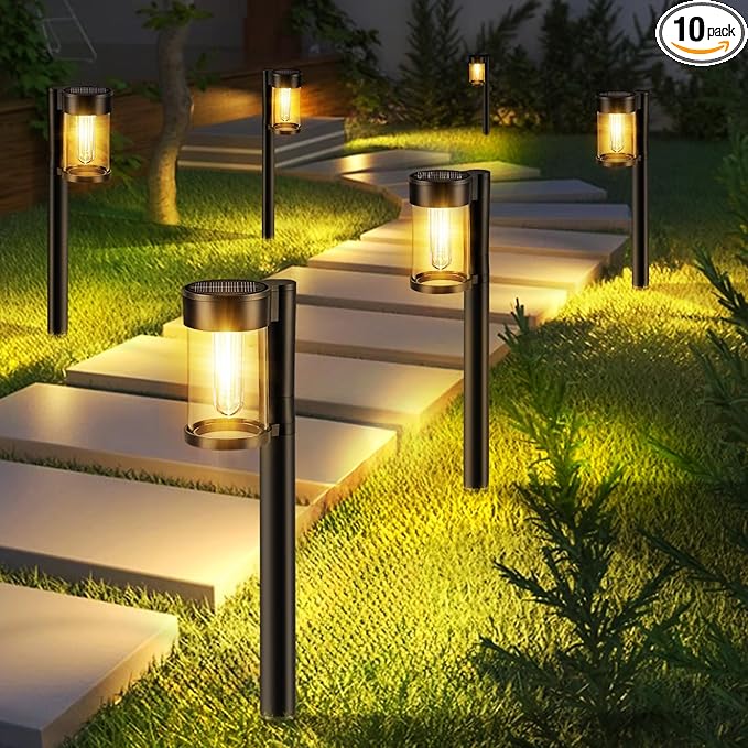 Mancra Solar Pathway Lights Outdoor, 10 Pack Metal & Glass Solar Lights Outdoor Waterproof Landscape Path Lights for Outside Yard Lawn Walkway Driveway Garden Decor