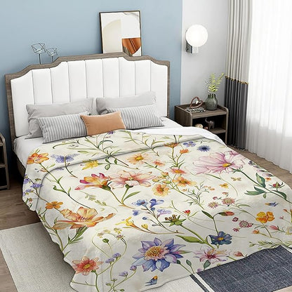 Garden Wildflowers Throw Blanket, Spring Blanket Throw for Adults, Lightweight Soft Cozy Blanket for Couch Sofa Bed Room Decor 50x60 Inches