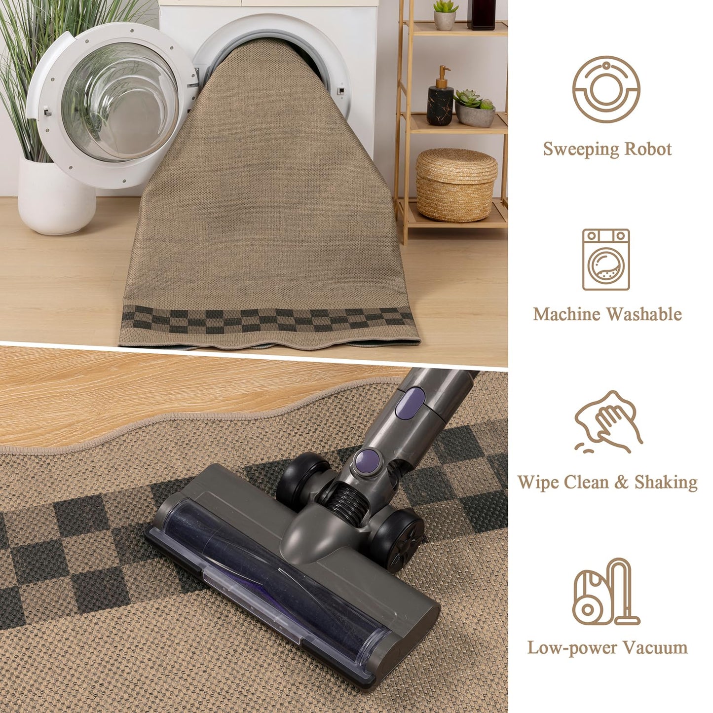 U'Artlines Easy Jute Checkered Area Rug 5x7, Washable Non Slip Indoor Outdoor Rug, Low Pile Non Shedding Farmhouse Carpet for Entryway Patio Backyard Kitchen Living Room Bedroom (Checked)