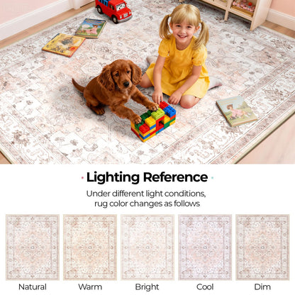 CAPALOCA Machine Washable Rugs Nursery Rug 5x7 Cute Girl Non Slip Low Pile Water Repellent Soft Print Pattern for Bedroom Indoor Decor Kids Playroom Pink