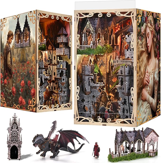 DIY Book Nook Kit for Adults 3D Wooden Puzzle Bookend Bookshelf Insert Decor with LED Light and Dust Cover (Sleeping Beauty)