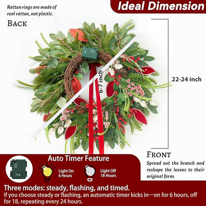 Christmas Wreath with Lights,Outdoor Pre-lit Christmas Wreaths for Front Door-24 Inch Xmas Door Wreath with Pine Needles Pine Cones and Red Berries- Farmhouse Home Christmas Decorations