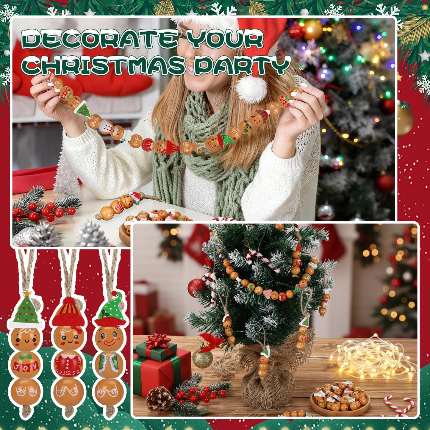 Geelin 300 Pcs Christmas Wood Beads with Twine - Santa Gingerbread Snowman Winter Animals Wooden Round Bead for Hanging Ornaments DIY Crafts Garland Holiday Tree Decor(Gingerbread Man)