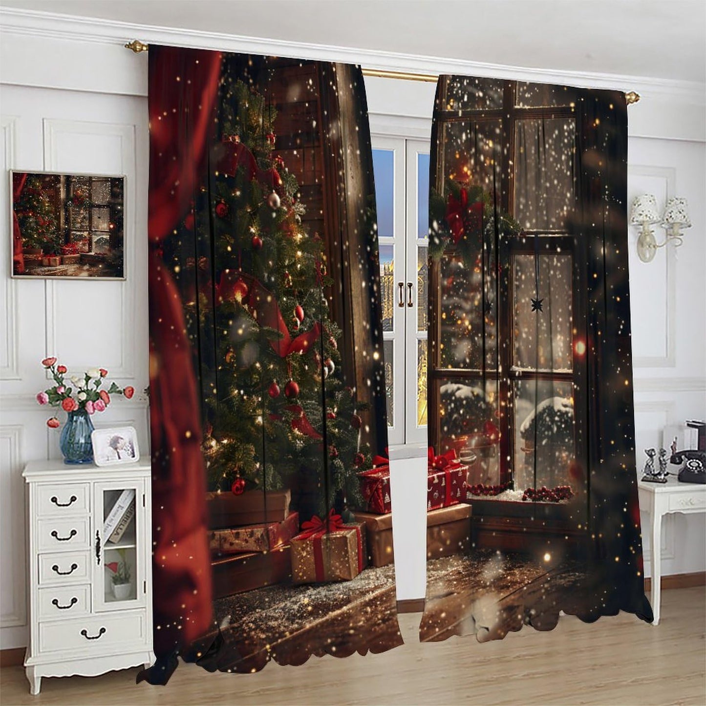 Merry Christmas Curtains Happy New Year Christmas Tree Snowflake for Living Room Bedroom Blackout Decor Window Drapes 52" W X 84" L