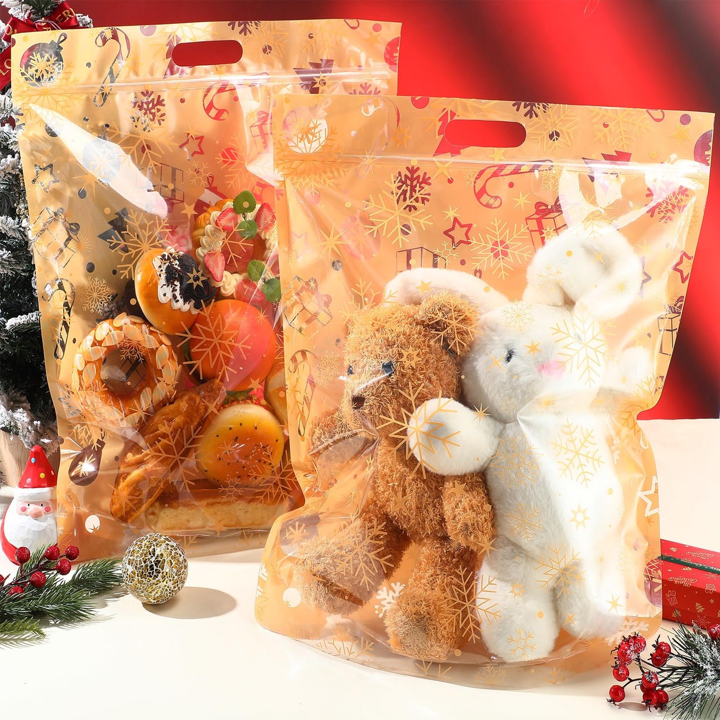 Fuutreo 10 Pcs Large Christmas Gift Bags 15.8x19.7 Inch Clear Christmas Plastic Bags Candy Cane Snowflake Treat Pouches with Handles for Winter Xmas Holiday Gift Candy Wrap Supplies Decoration