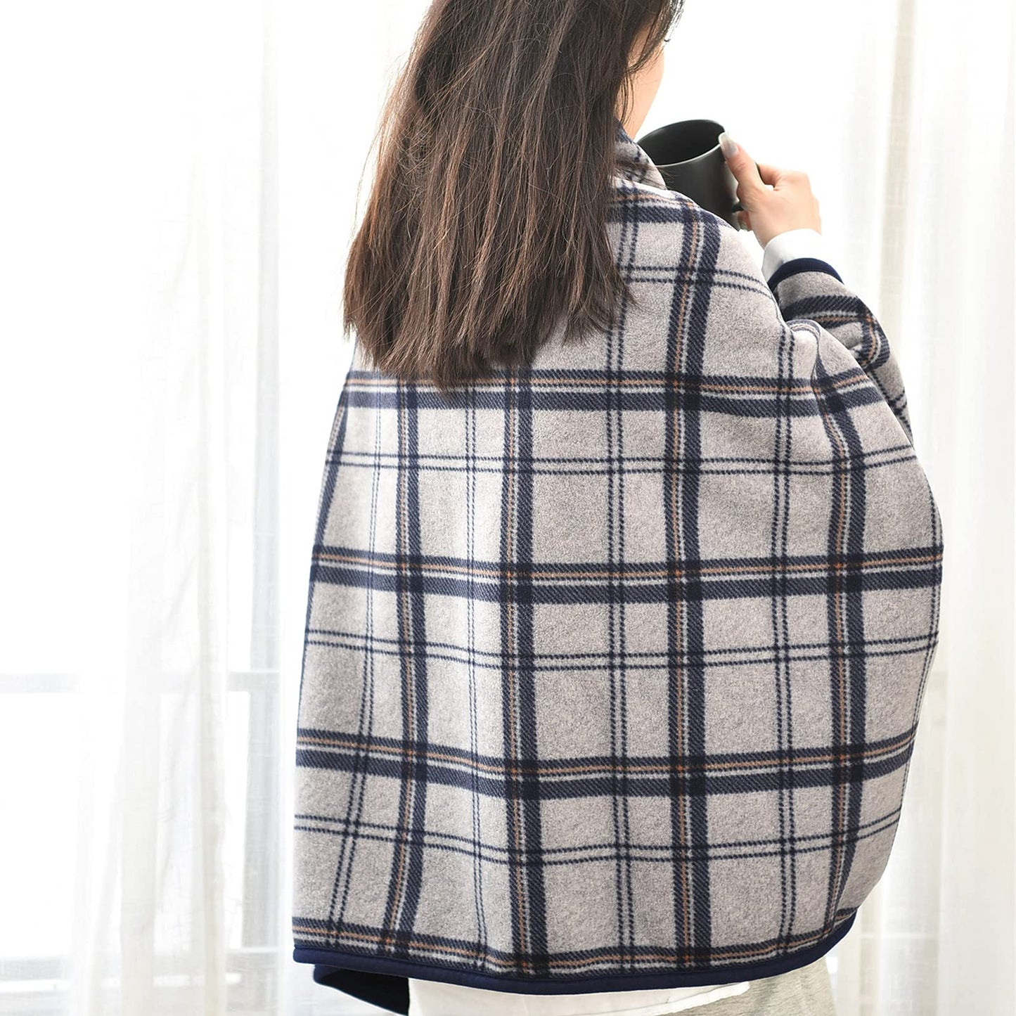 forestfish Fleece Wearable Blanket, Plaid Lap Blanket Comfy Poncho Throw with Buttons for Bed Sofa Office, Navy-Gray