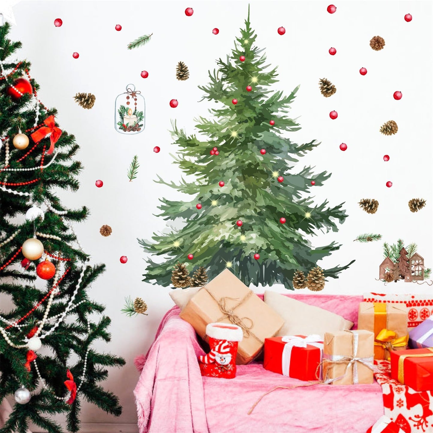 Large Pine Tree Wall Stickers Watercolor Christmas Tree Wall Decals Peel and Stick Removable Evergreen Trees Decal Winter Merry Christmas Art Murals for Living Room Kitchen Gift Xmas Party Supplies