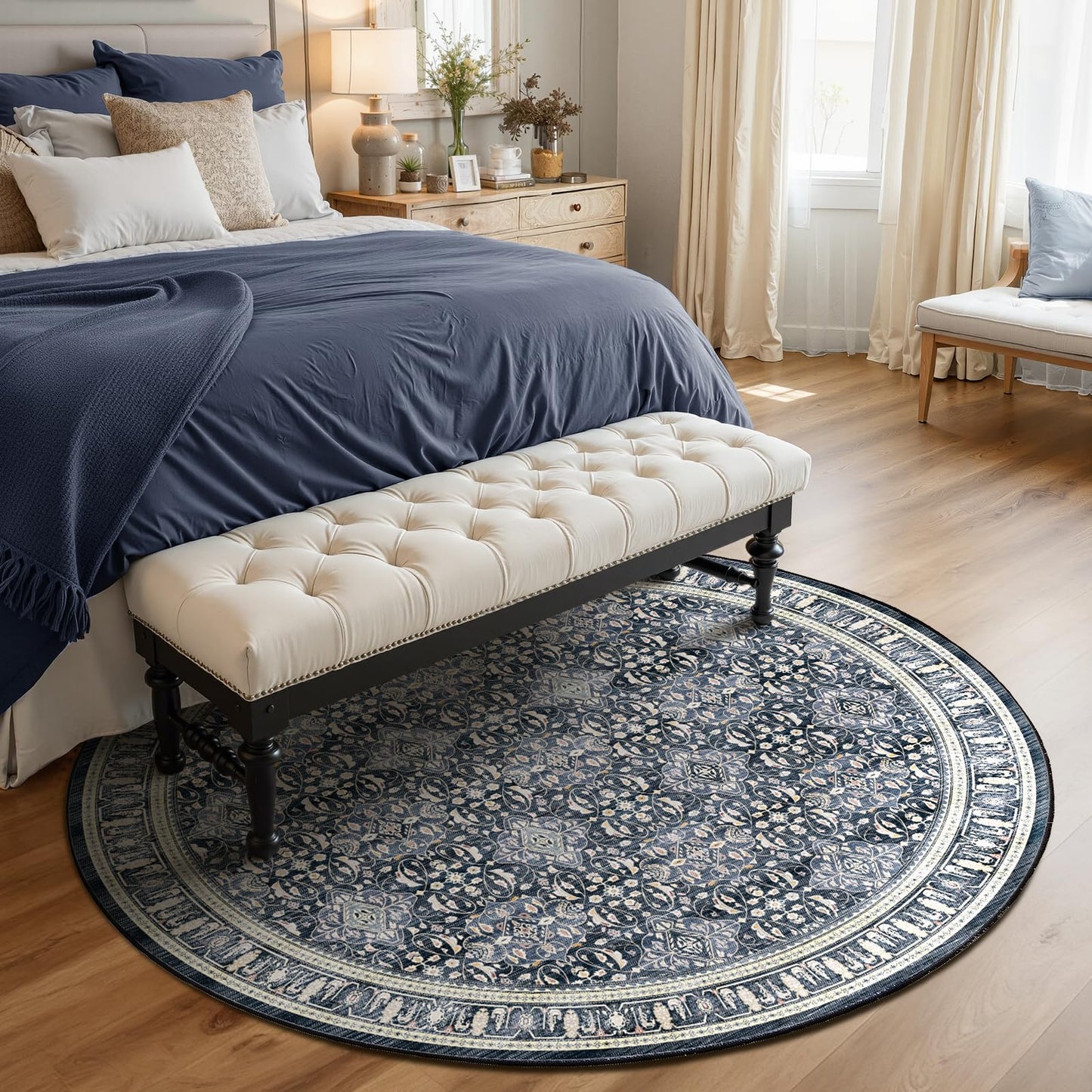 Jainmy Dark Blue Round Rugs 6ft for Living Room, Washable Non Slip Low Pile 6 Feet Circle Rug for Dining Room Kitchen, Boho Moroccan Floral Trellis 6x6 Round Carpet for Bedroom Home Office