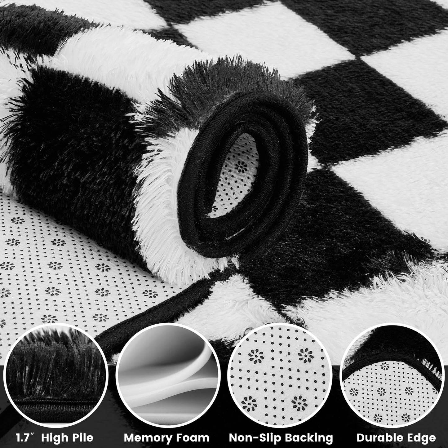 Ecoshag Soft Rugs for Living Room, 5x7 Ft Black and White Checkered Fluffy Shaggy Rugs for Indoor Use, High Pile Ultra Fuzzy Rug for Bedroom Kids Nursery Rooms,Home Decor Aesthetic
