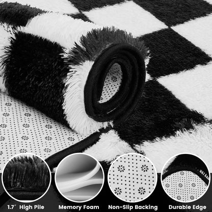 Ecoshag Soft Rugs for Living Room, 5x7 Ft Black and White Checkered Fluffy Shaggy Rugs for Indoor Use, High Pile Ultra Fuzzy Rug for Bedroom Kids Nursery Rooms,Home Decor Aesthetic
