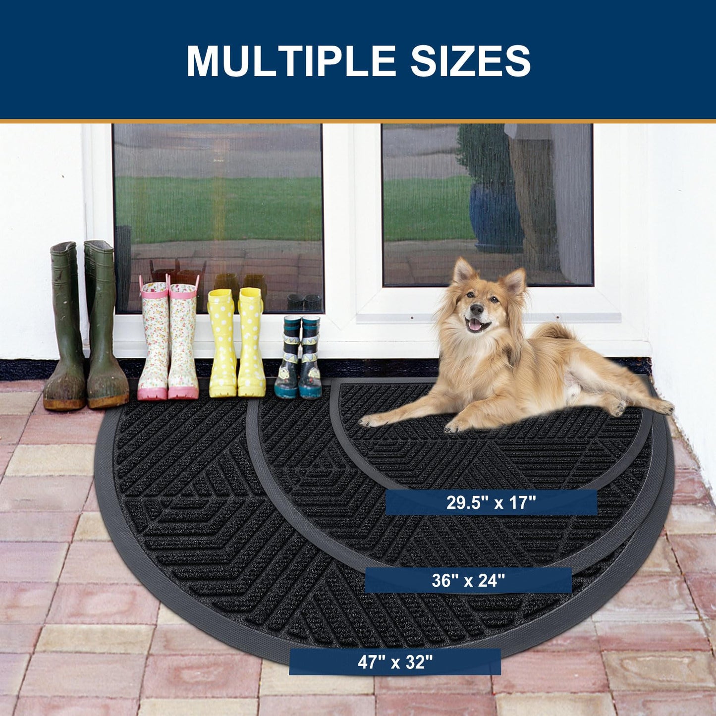 Smiry Half Circle Front Door Mat Outside Entrance, Heavy Duty Sturdy Natural Rubber Doormat, Trap Dirt and Moisture, Low Profile Mats for Indoor Outdoor Entry, Irregular Triangle (29.5x17, Black)